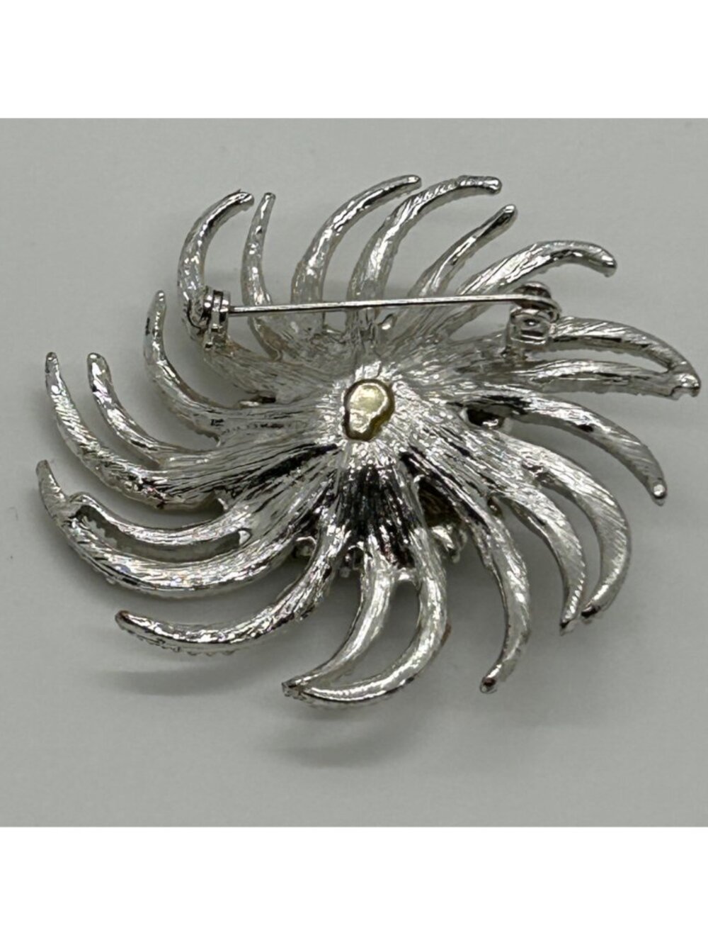 Vintage Silvertone Brooch Sunburst Starburst Swirl Rhinestone Retro Mid-Century - Picture 11 of 16